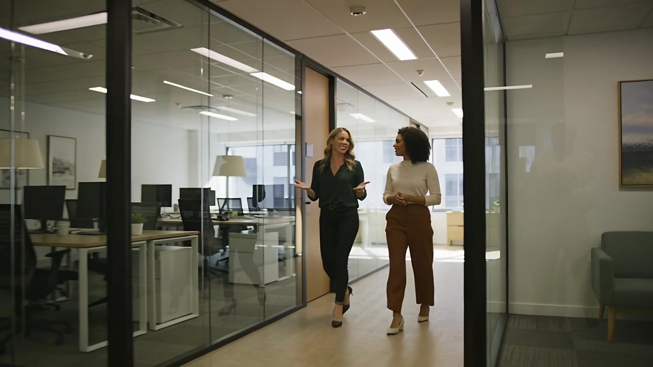 Walking two colleagues in business clothes, gesturing while chatting past glass wall toward doorway