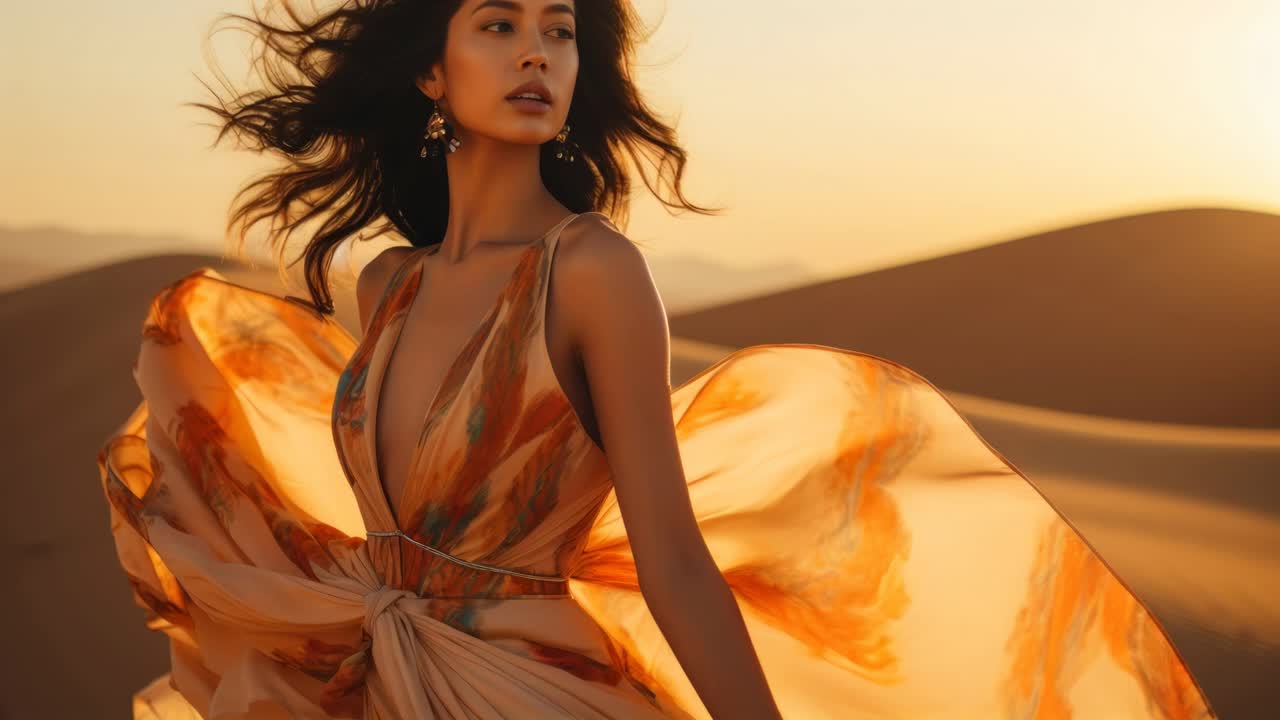 A cinematic video still of a woman in a flowing dress, captured at eye level in a desert at sunset