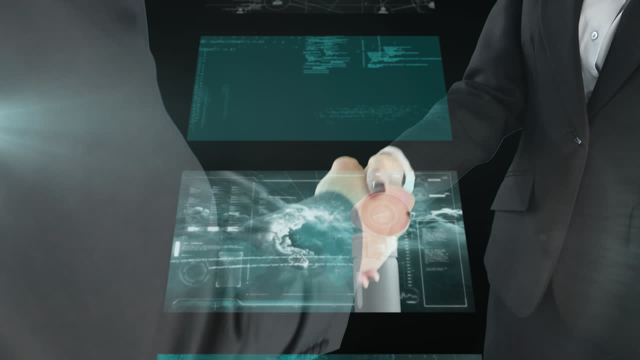 Animation of data processing in screens over businessman handshake