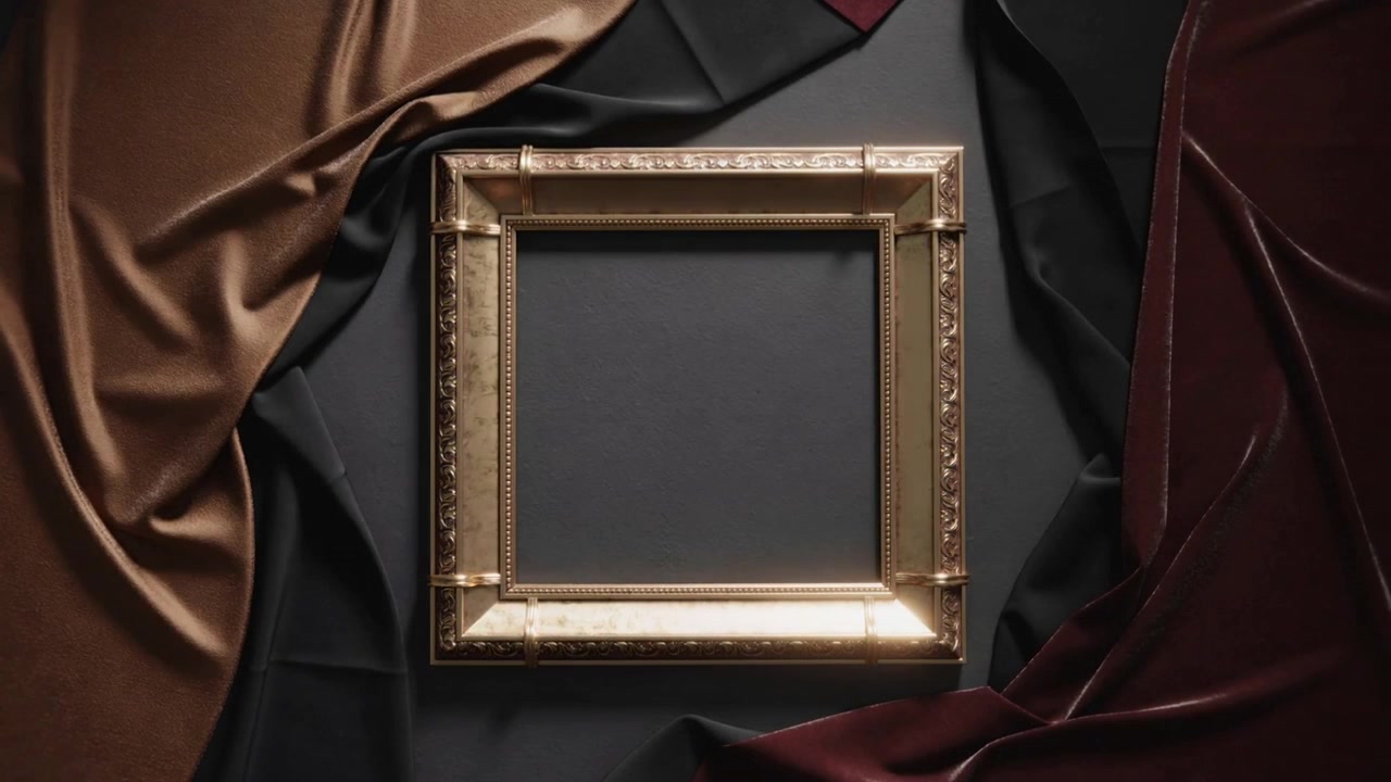 Moldura dourada ornamentada capturando as mudanças de luz à medida que a iluminação lenta do estúdio se move, em tons de bronze e bordô.
