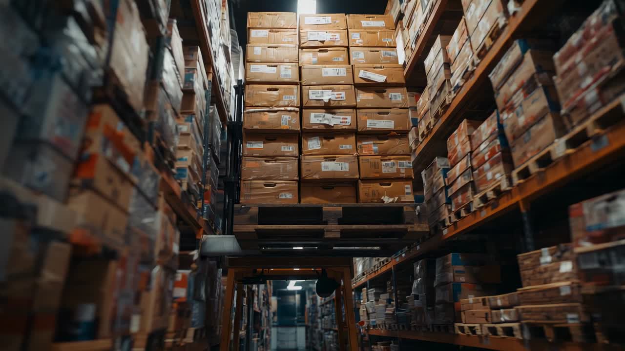 Dollying camera tilting upward warehouse aisle, revealing forklift forks holding pallet of boxes