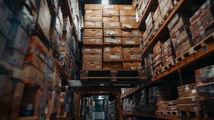 Dollying camera tilting upward warehouse aisle, revealing forklift forks holding pallet of boxes