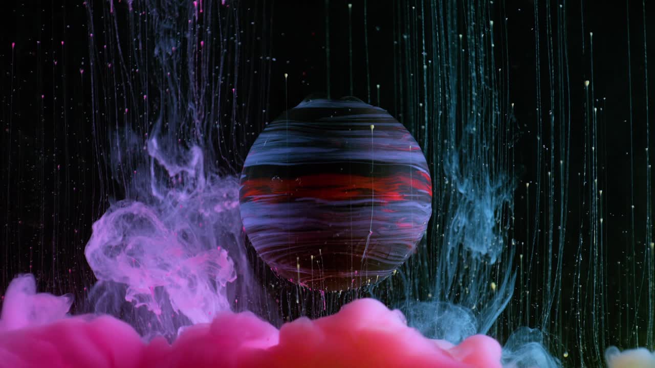 A rotating red planet spinning amidst a liquid-like structure, gradually ascending across various viewpoints, symbolizing the concept of emergence and transformation