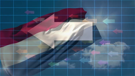 Arrow-and-netherlands-flag-animation-over-grid-and-cloudy-sky-background