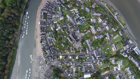 the lovely town of auray in france, old town surrounded by river, with drone from above