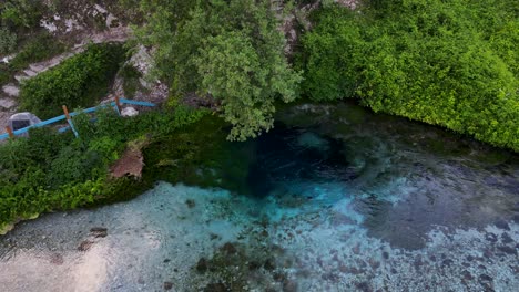 Aerial-drone-ascending-view-of-the-cold-water-river-of-The-Blue-Eye-or-Syri-i-kalter-in-the-mountains-of-southern-Albania