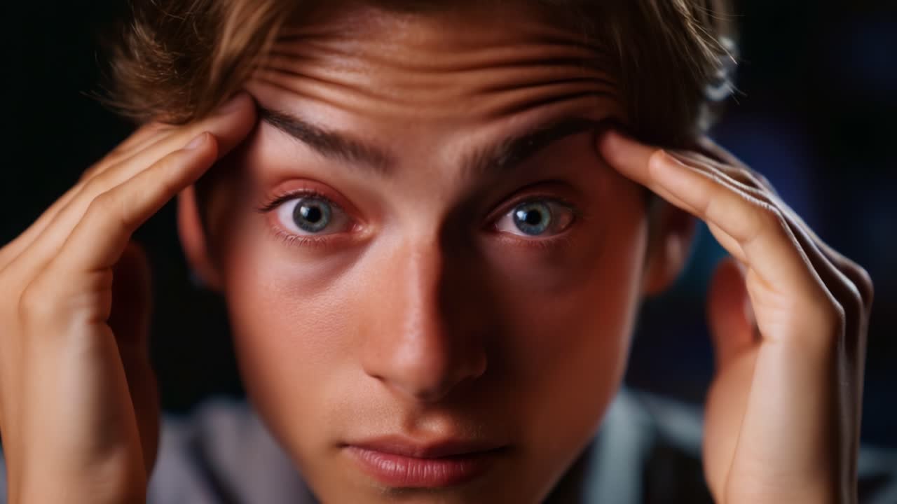 A young man feeling overwhelmed and distressed, expressing deep emotions through his facial expressions and body language in a dramatic, close-up shot
