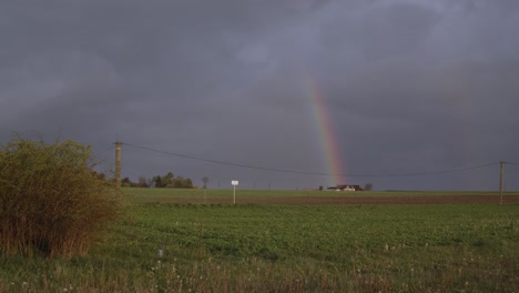 beautiful evening scenery of a green field with a rainbow before rain