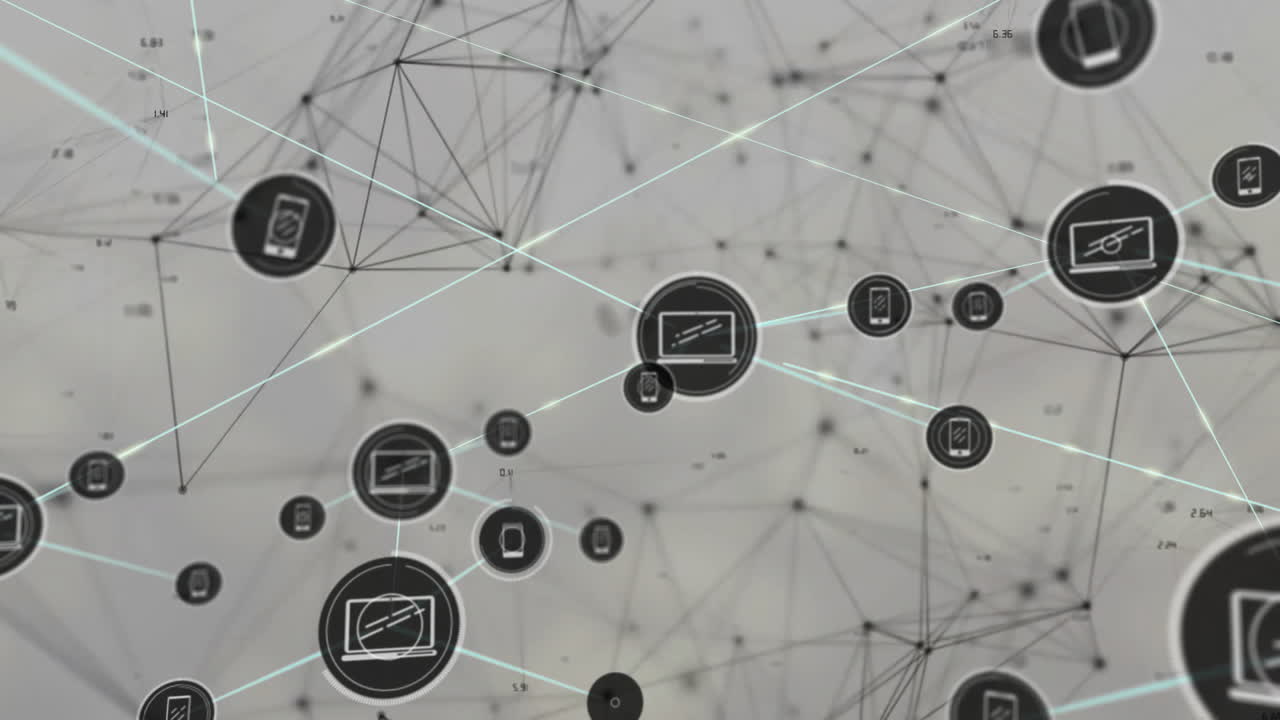 animación de iconos conectados y puntos conectados sobre fondo gris