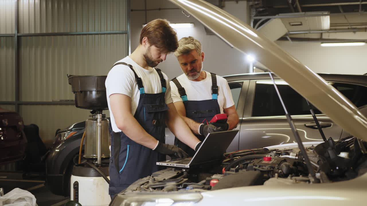 mecánico de automóviles inspeccionando un motor de automóvil