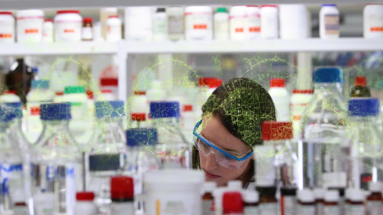 dna 헬릭스의 애니메이션: 여성 백인 여성, 안경을 쓰고 약을 찾는