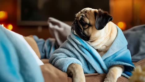 a pug dog wrapped in a blanket sitting on a couch with a cup of popcorn and a mug of coffee