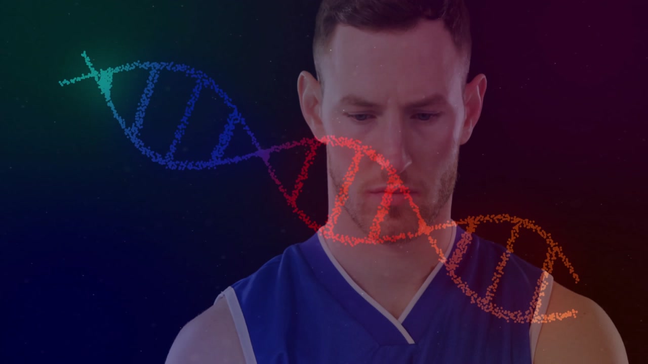 After DNA helix appearing, male model tracking floating multicolored strand, analyzing genetic data