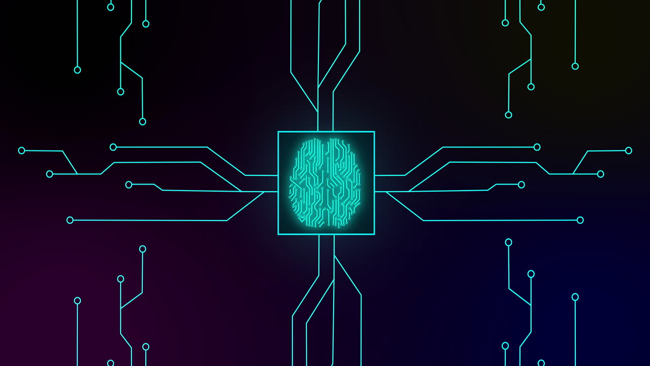 검은 바탕 위에 컴퓨터 마더 보드 회로와 함께 녹색으로 빛나는 인간 뇌의 애니메이션