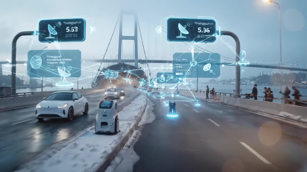 Un paesaggio urbano nebbioso che presenta un sistema di traffico avanzato con veicoli intelligenti che navigano sotto un ponte in uno scenario cittadino moderno all'alba.