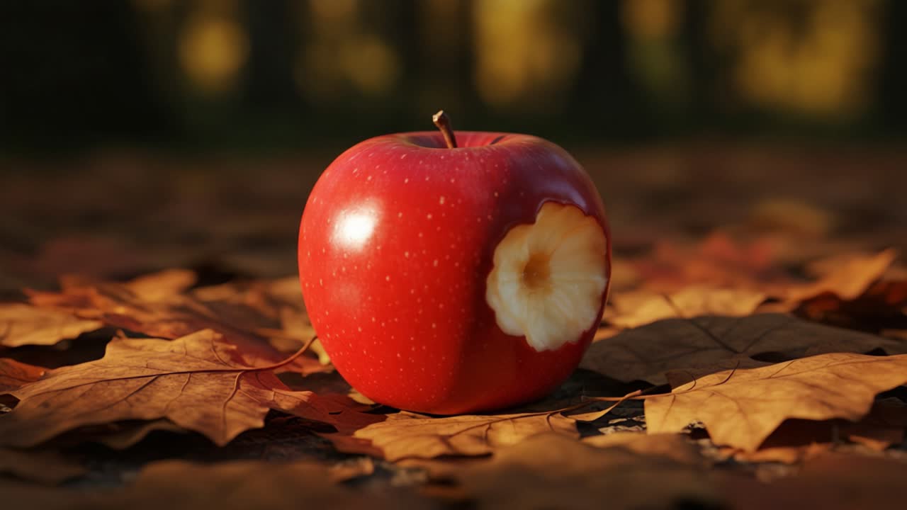 A Vibrant Red Apple with a Unique Bite Mark Set Against a Backdrop of Autumn Leaves, Capturing the Essence of Fall's Beauty and the Abundance of Nature