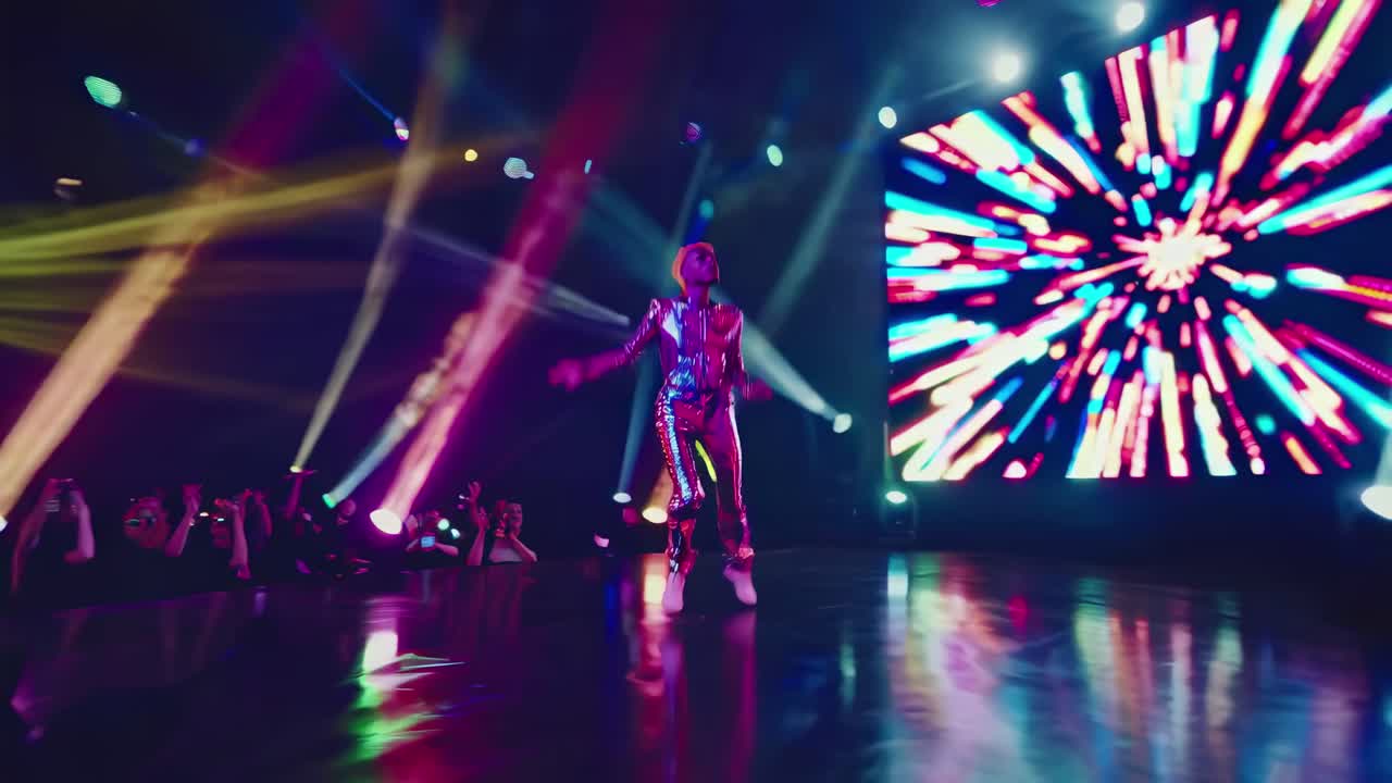A futuristic dance performance video shot from a low angle, featuring vibrant neon lights