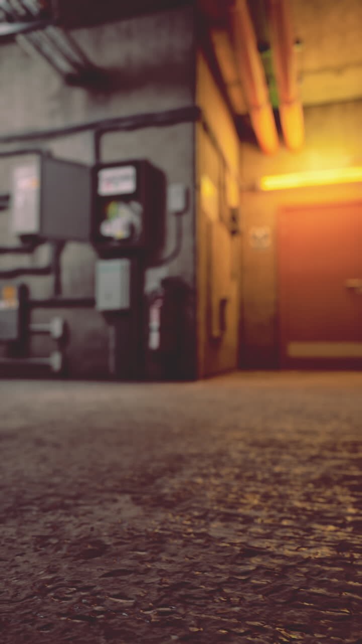 Empty underground parking garage with dim lighting