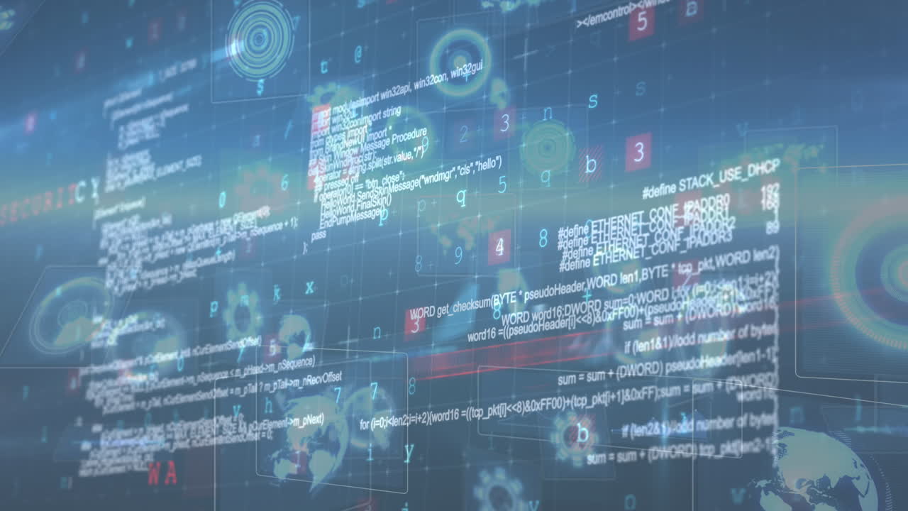 Animation of scopes scanning and data processing on screens with cyberattack warning