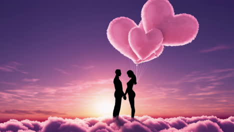 love in the clouds: couple with heart balloons at sunset