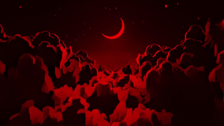 Flying over red clouds at night with sky illuminated by half moon