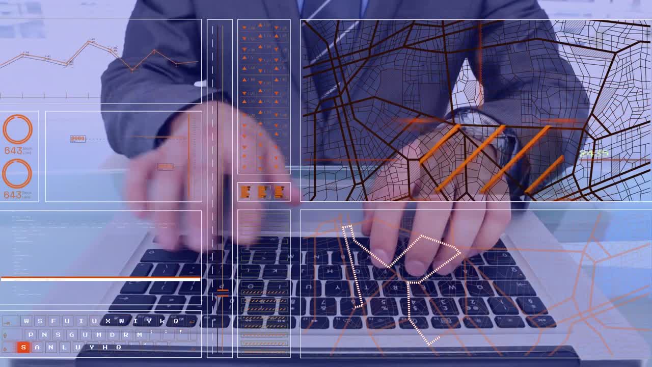 Animation of financial data processing over caucasian man using computer keyboard