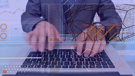 animación del procesamiento de datos financieros sobre el hombre caucásico usando el teclado de la computadora.