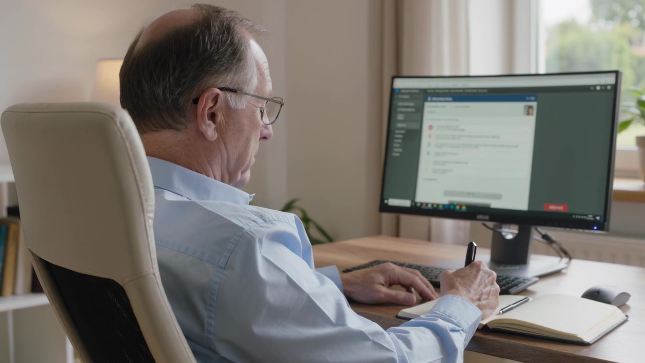 Reading monitor, senior in blue shirt writing in notebook and typing to reply at home office