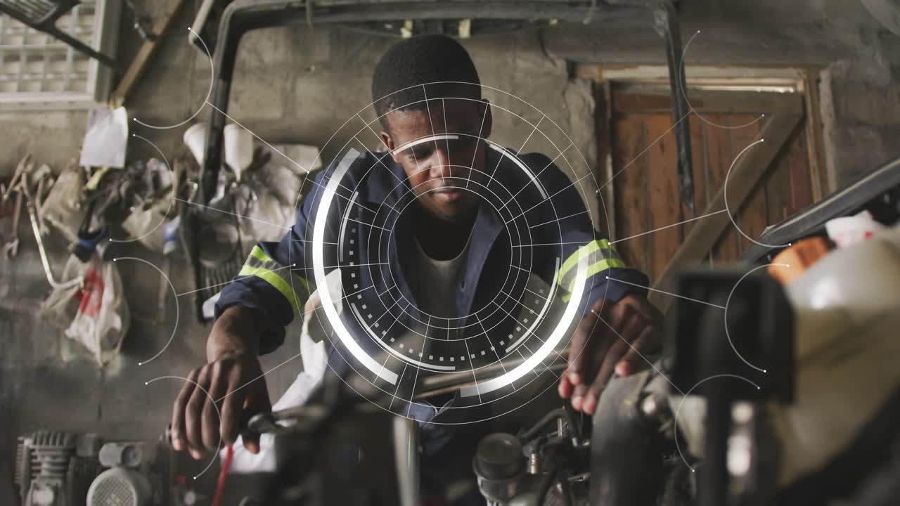 Automotive mechanic turning wrench touching engine, activating HUD rings, showing faults for repair
