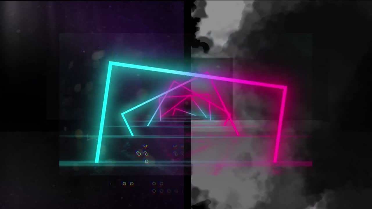 Animation of colorful neon squares rotating over smoke on black background