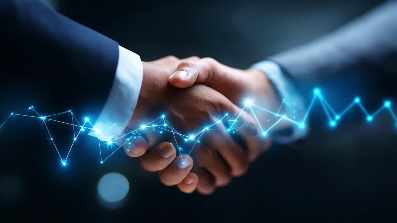 A professional handshake symbolizing partnership and agreement, enhanced by a dynamic technological backdrop that signifies innovation and trust in business transactions and relationships