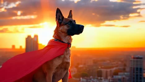 a dog wearing a red cape standing on top of a building