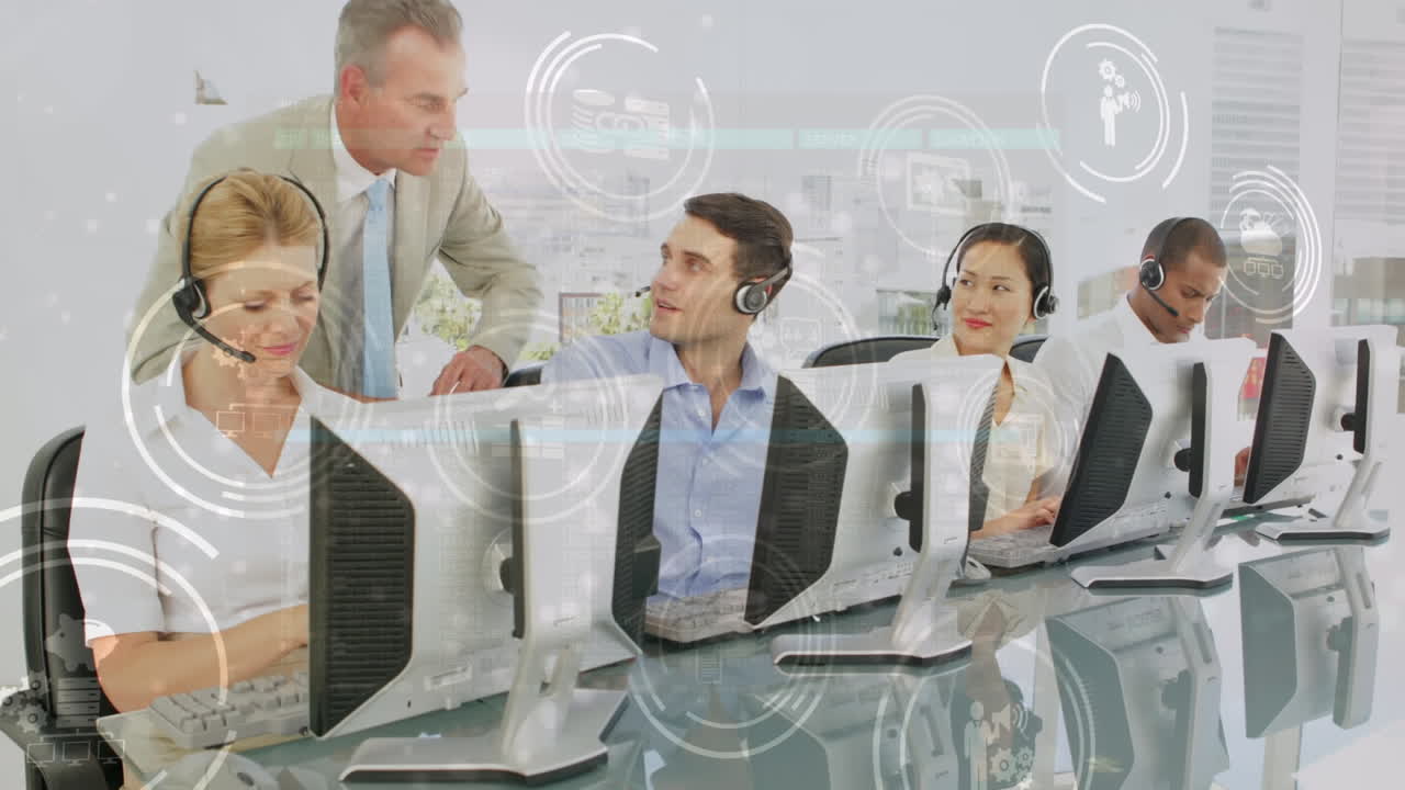 휴대폰 헤드 ⁇ 을 착용한 사람들 위에 소셜 미디어 아이콘의 애니메이션