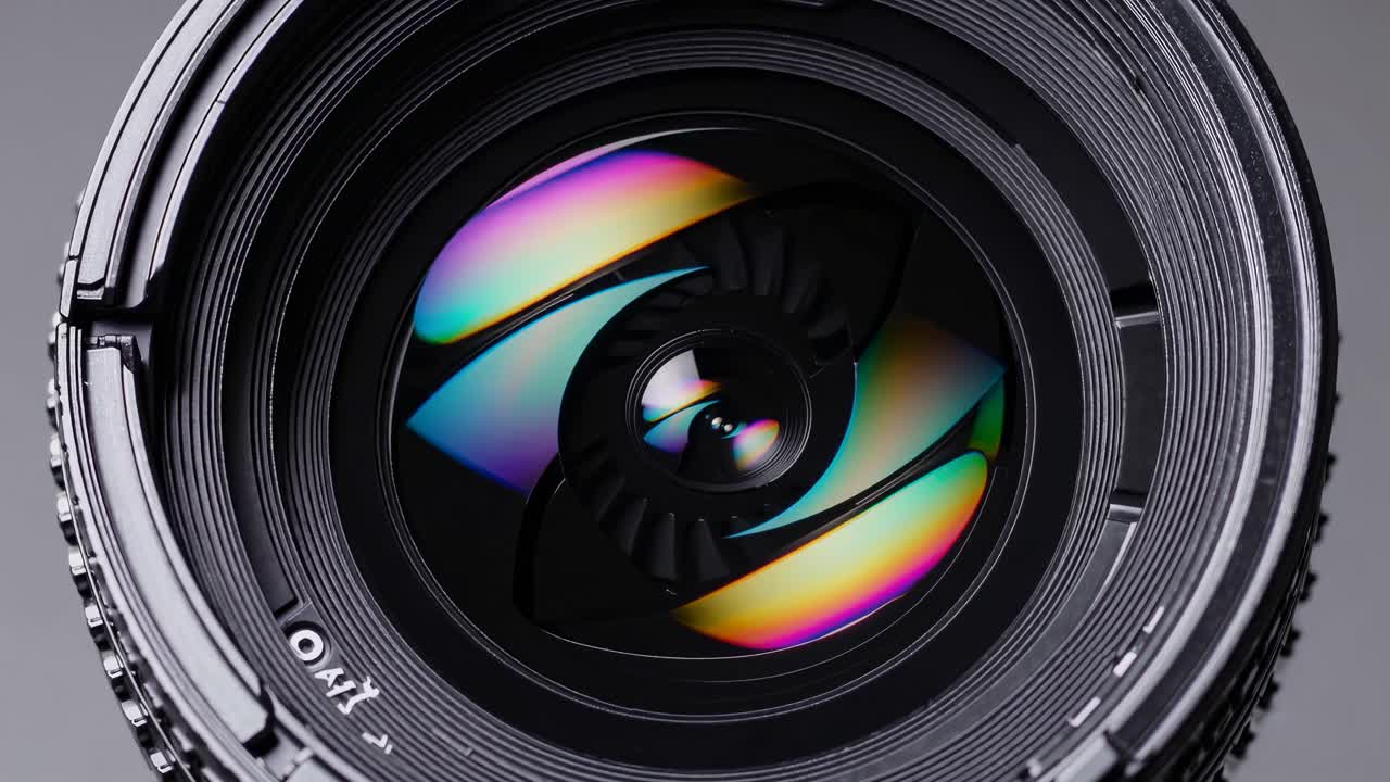 Primo piano di un obiettivo fotografico con riflessi vivaci, che cattura l'essenza della produzione video