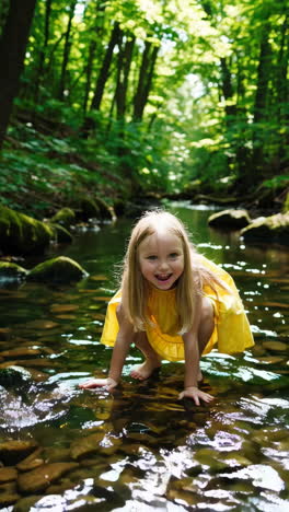 young girl playing in a forest stream