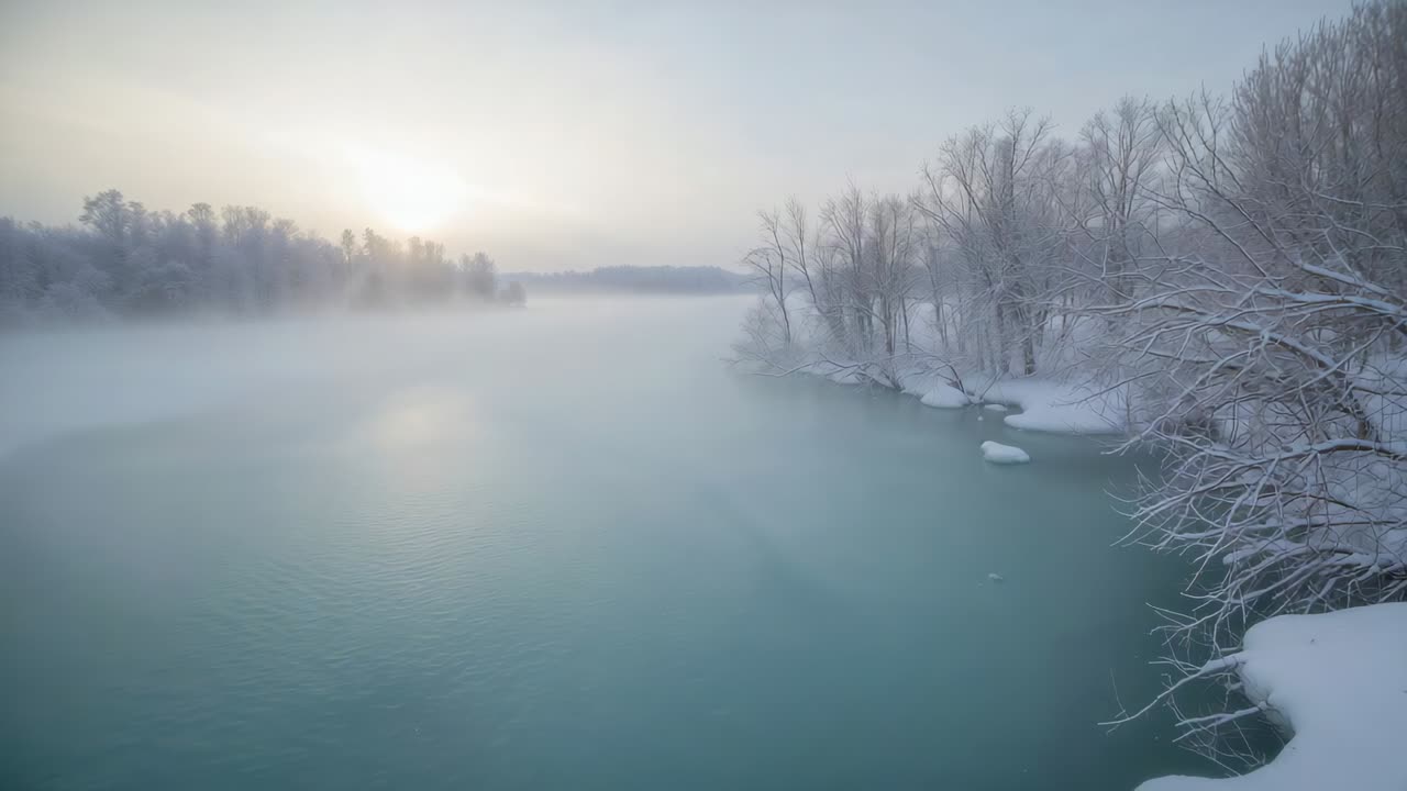 Flowing turquoise river sending mist and drifting ice near snowy right shoreline, low sun warming