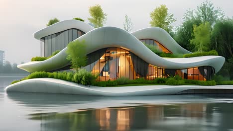 modern organic architecture with green roof on the water