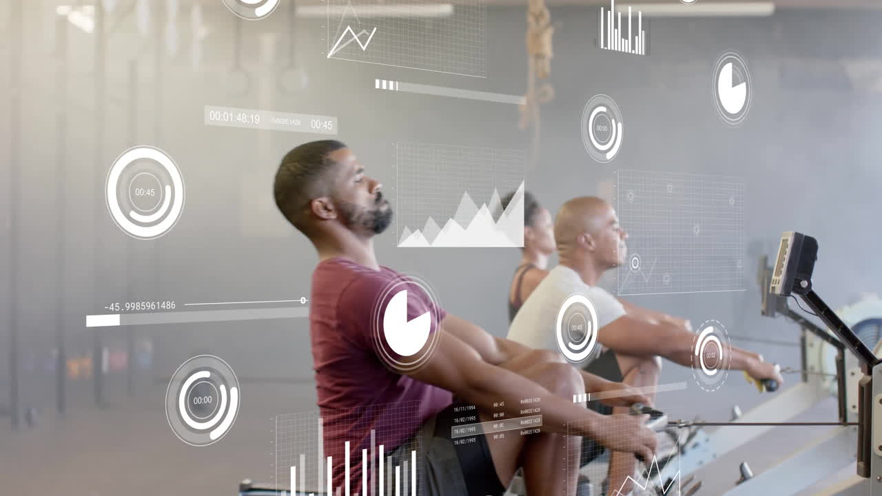 animación de procesamiento de datos y diagramas sobre diversas personas que utilizan máquinas de remo en el gimnasio