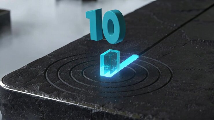 Abstract 3D animation morphing teal block into glowing number 10 on dark surface, AI-generated