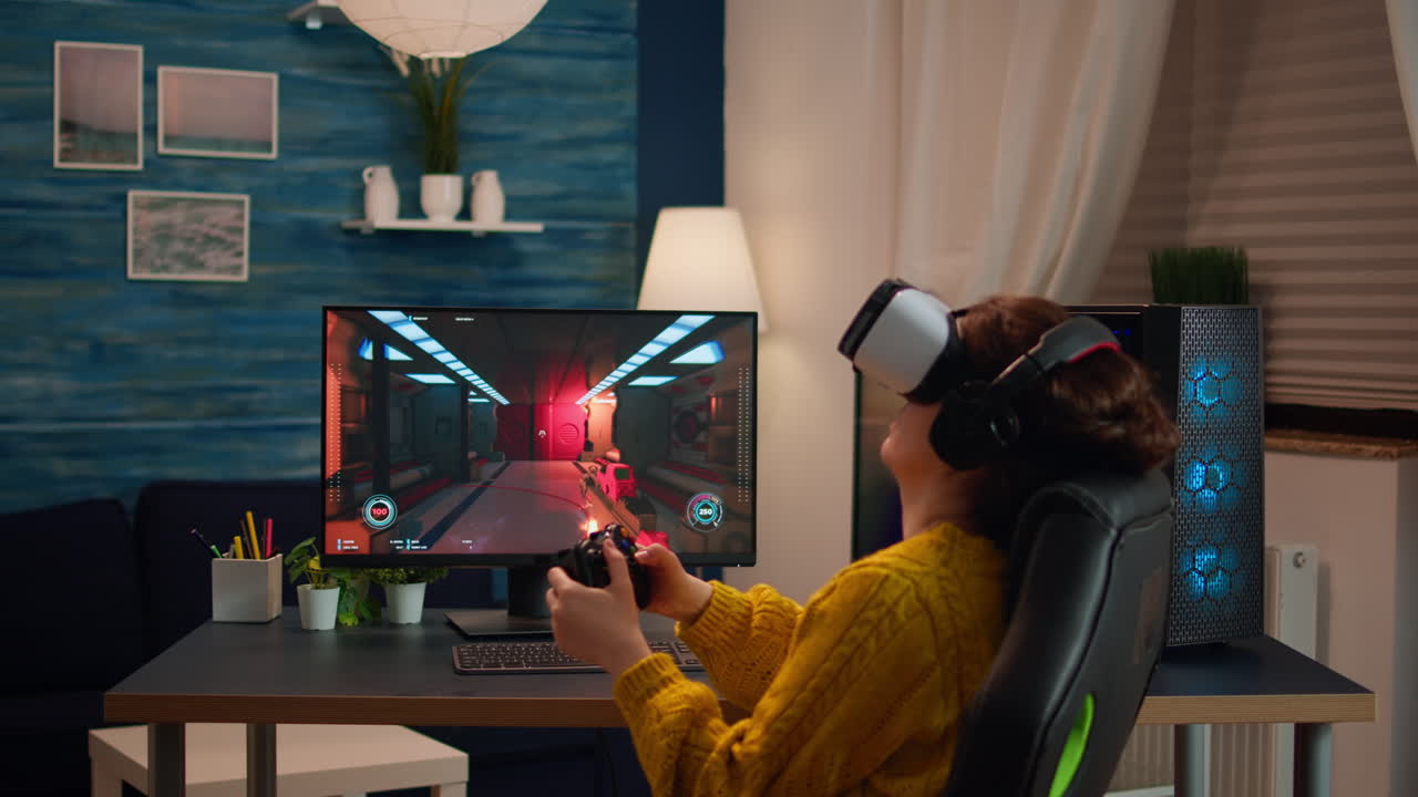 Woman esport cyber playing online game with virtual reality headset