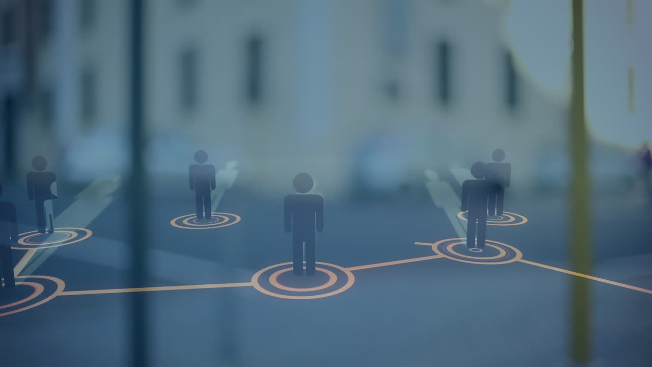 도시 풍경 위의 아이콘으로 연결된 네트워크의 애니메이션