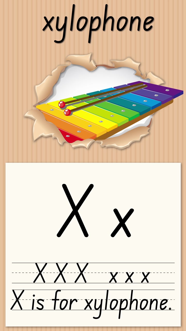 Un video educativo animato insegna la lettera X usando uno xilofono colorato e righe per esercitarsi nella scrittura.