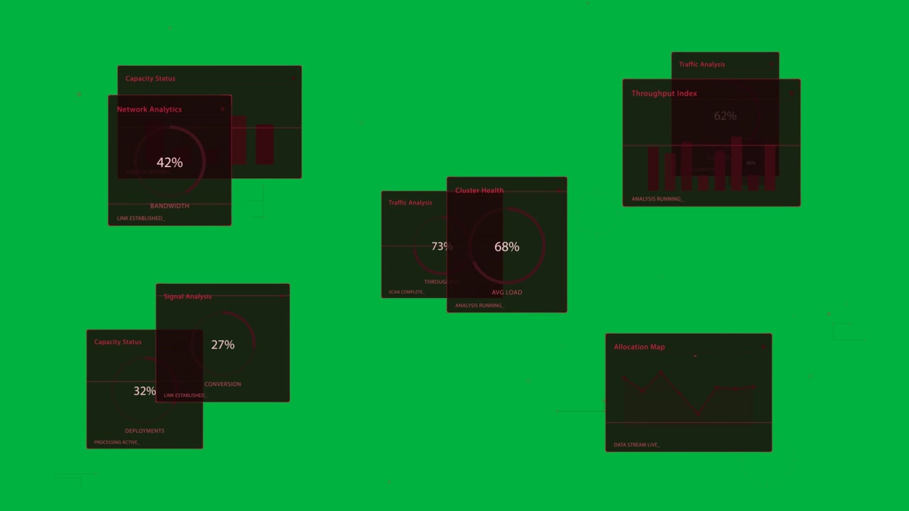 Impulso della griglia che avvia widget HUD rossi che mostrano statistiche di sistema, impilandosi, spostandosi e svanendo su sfondo trasparente