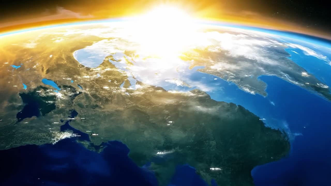 우주에서 지구 위에 놀라운 해가 뜨는 모습