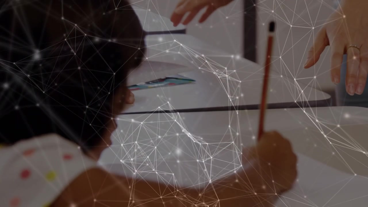 Network of connections against caucasian female teacher teaching in the class at school