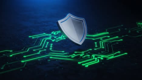 a digital shield symbolizing cybersecurity innovation and protection against online threats, showcasing a circuit design with green lines and a modern look