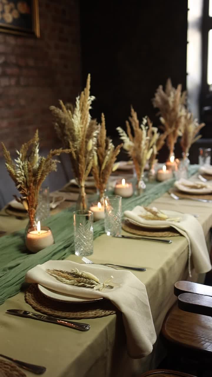 Elegantly Decorated Dining Table with Candles and Dried Grass
