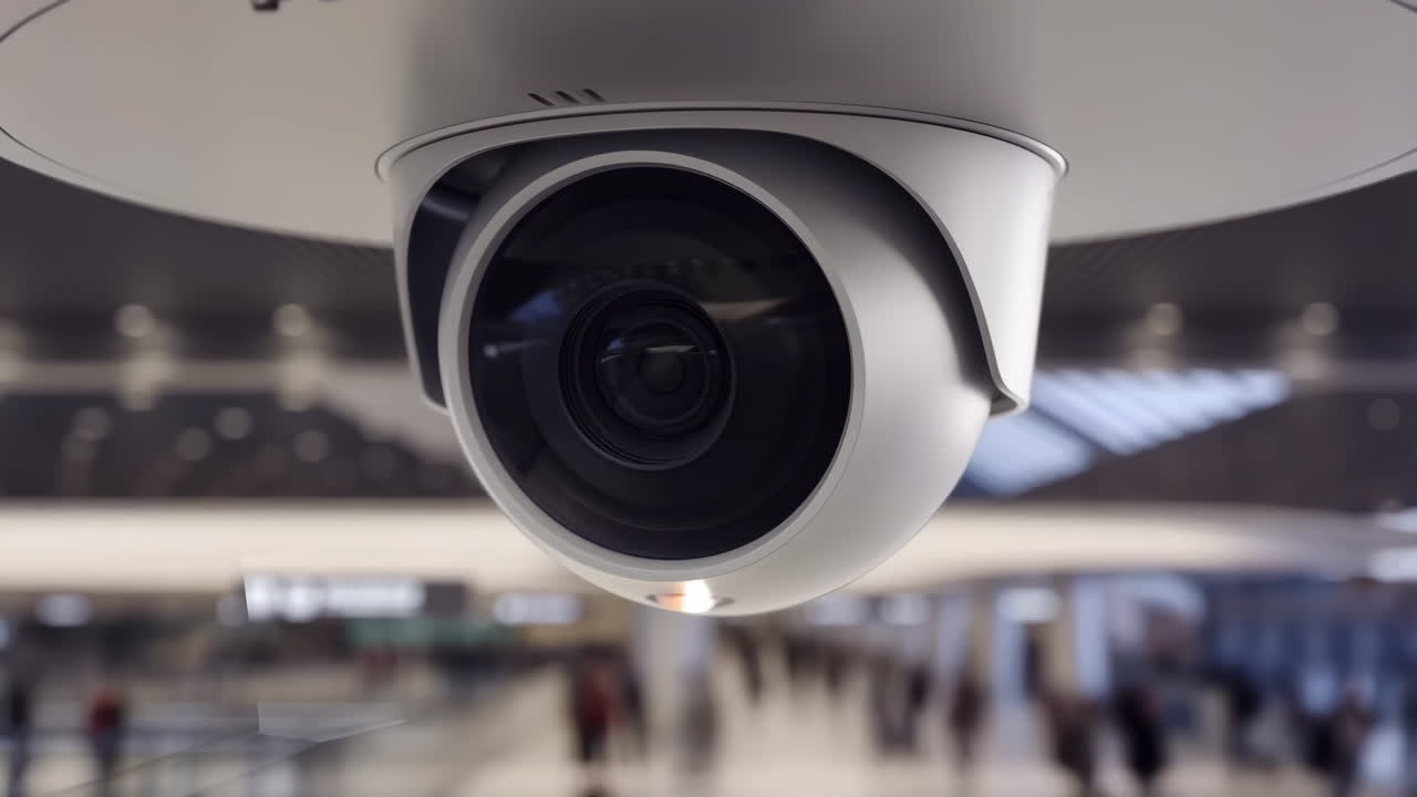 Close-up of a modern security camera in a public indoor setting