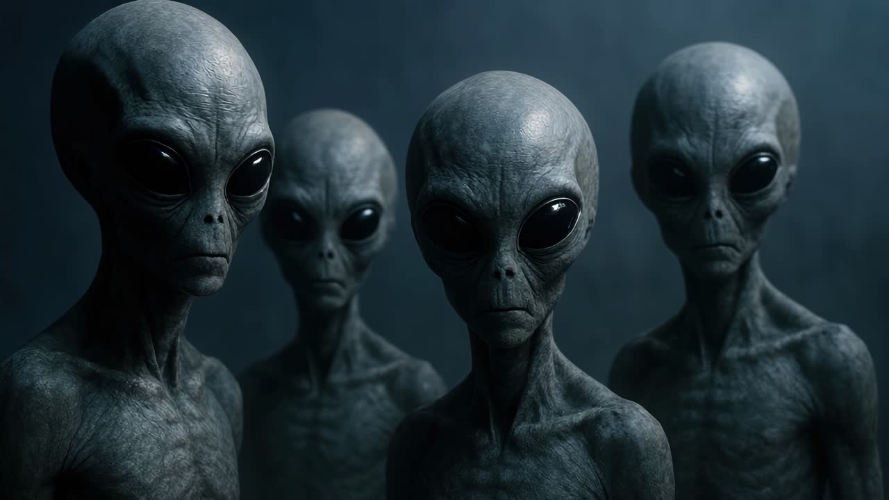 Conceito de vídeo misterioso com quatro alienígenas de olhos grandes, capturado em um ambiente com pouca luz
