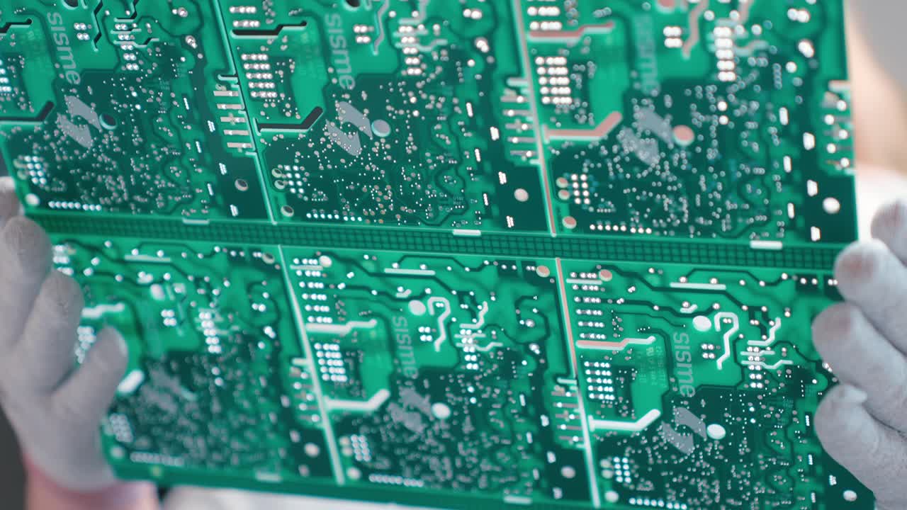 Slow motion of gloved hands inspecting green circuit boards